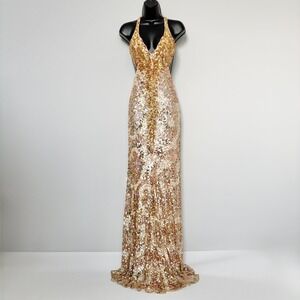 Cassandra Stone Gown Sequin Open Back Formal Dress Size 2 Gold Champagne
